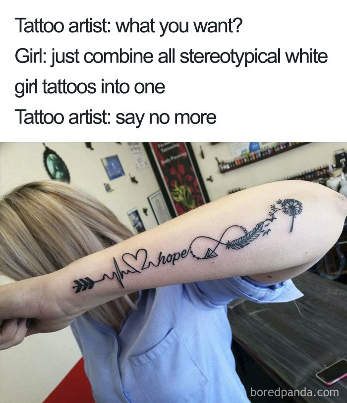 Woman with a combined tattoo meme featuring an arrow, heartbeat, the word 'hope,' infinity symbol, feather, and dandelion.