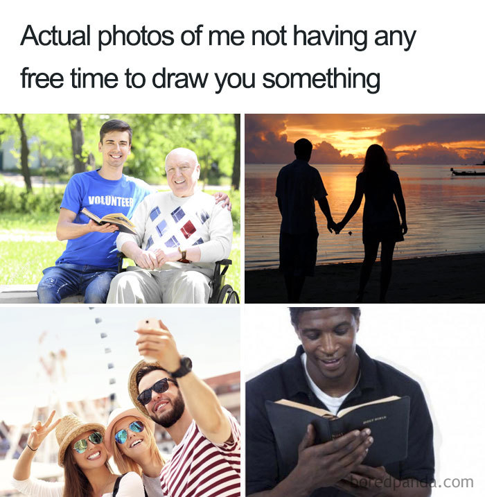 Humorous tattoo meme with photos of people enjoying various activities, implying no time for drawing.