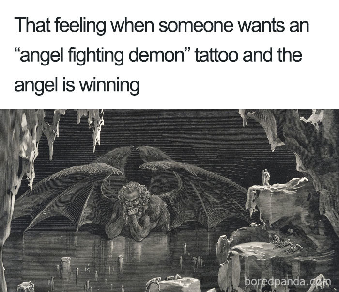 Tattoo meme about an "angel fighting demon" design shows a contemplative demon illustration.