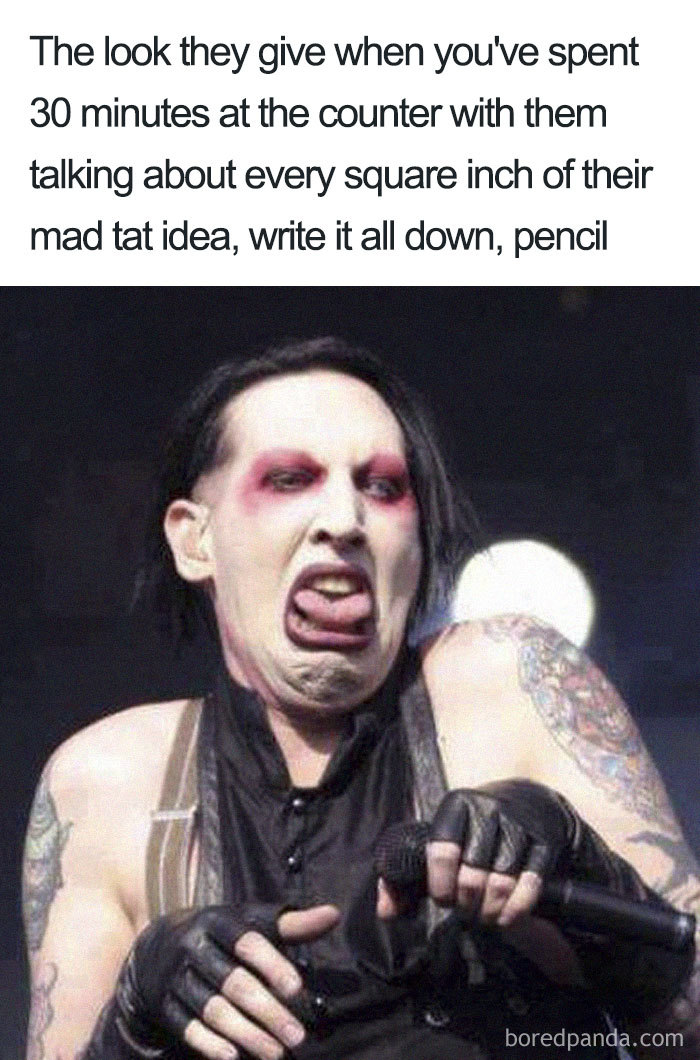 Tattoo meme featuring a person with dramatic makeup, making a funny expression, holding a microphone.