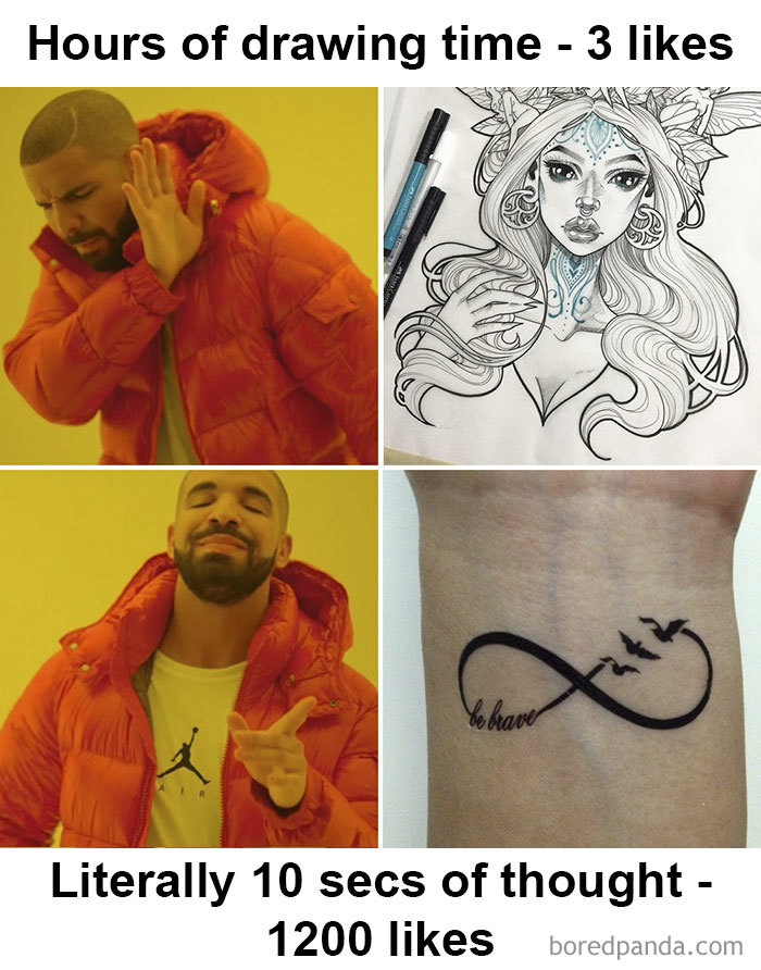 Tattoo meme comparing detailed drawing and simple tattoo with likes.