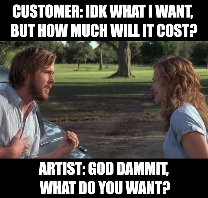 Scene from a movie used as a tattoo meme, featuring a humorous customer-artist conversation.
