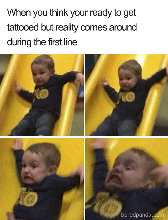 Child sliding down a slide with funny expressions, capturing the reality of getting a tattoo in a humorous meme.