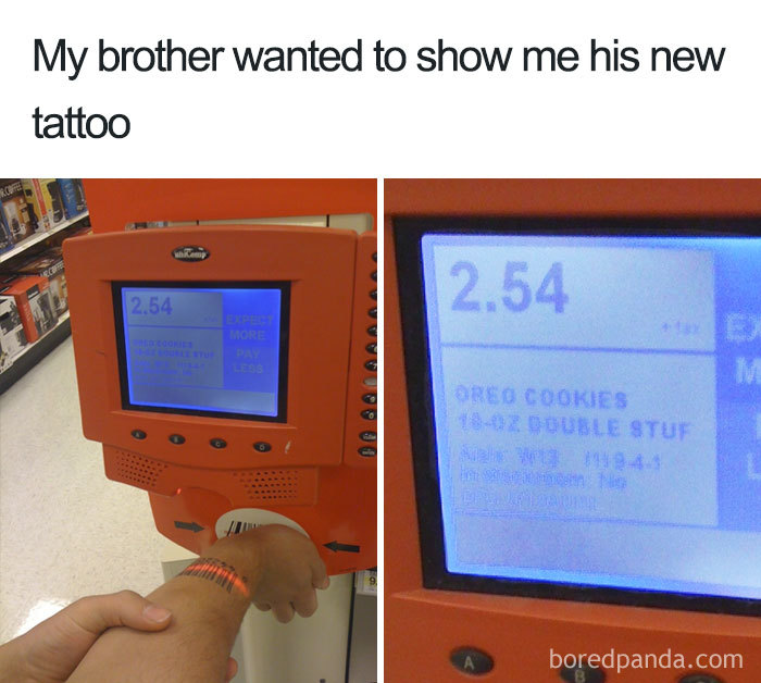 Funny tattoo meme featuring a person's arm under a store scanner displaying Oreo cookies as a tattoo.