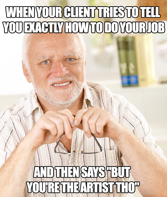 Elderly man holding glasses, with text about clients, referencing tattoo memes.