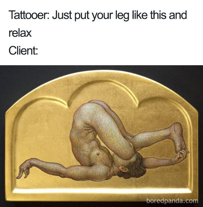 Tattoo meme with a flexible figure humorously depicting a tattoo client's pose on golden plaque.