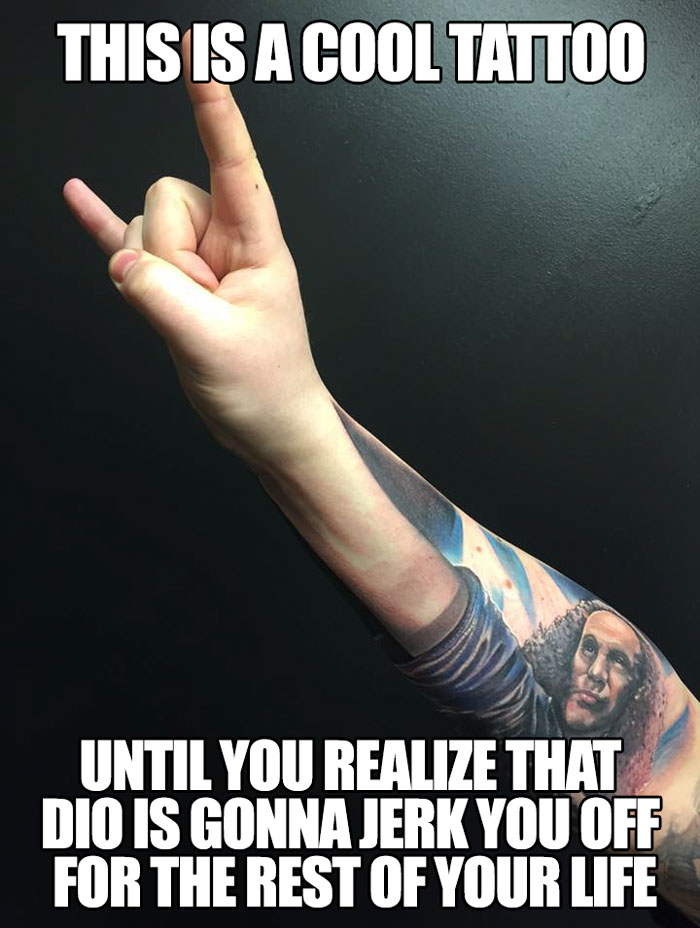 Hand showing rock sign with a detailed arm tattoo featuring a famous musician, humorous tattoo meme text included.