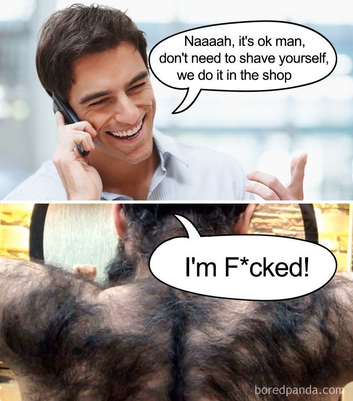 Man on phone reassures about shaving, while another person with a hairy back is worried. Tattoo memes humor.