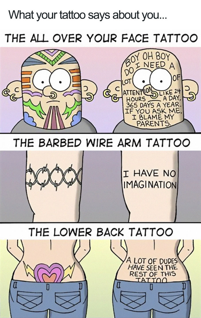 Cartoon illustrating humorous interpretations of different tattoo styles: face, barbed wire arm, and lower back tattoos.
