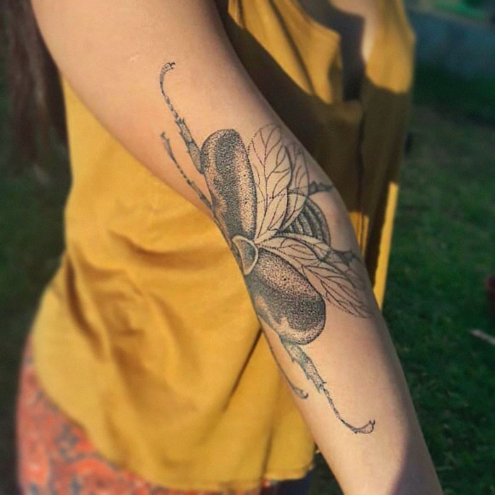 Tattoo of a detailed beetle on an arm, designed to reveal more when the arm is extended, against a grassy background. Tattoo of a detailed beetle on an arm, designed to reveal more when the arm is extended, against a grassy background.