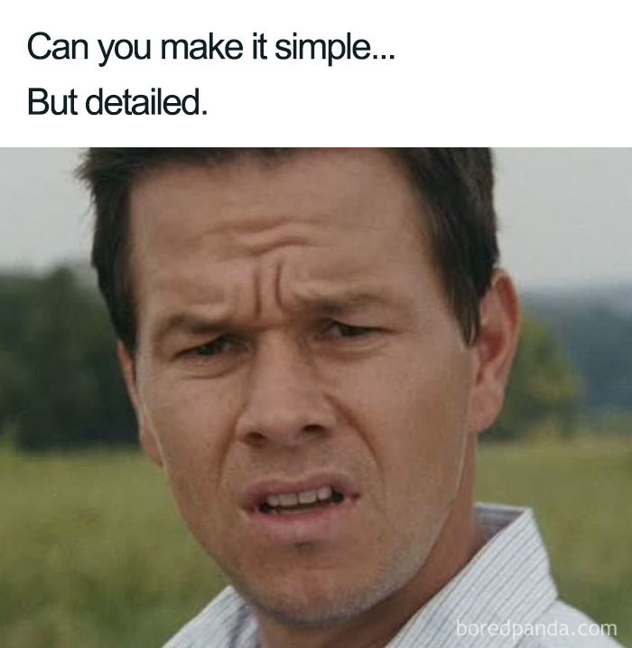 Confused man with a puzzled expression captioned, "Can you make it simple... But detailed." Best tattoo memes humor.