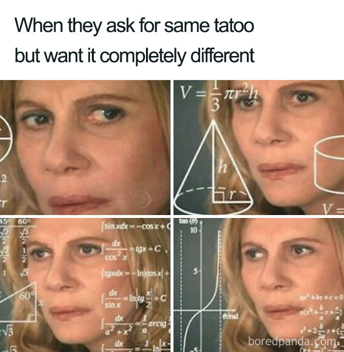 Confused woman surrounded by math equations, illustrating a humorous tattoo meme.