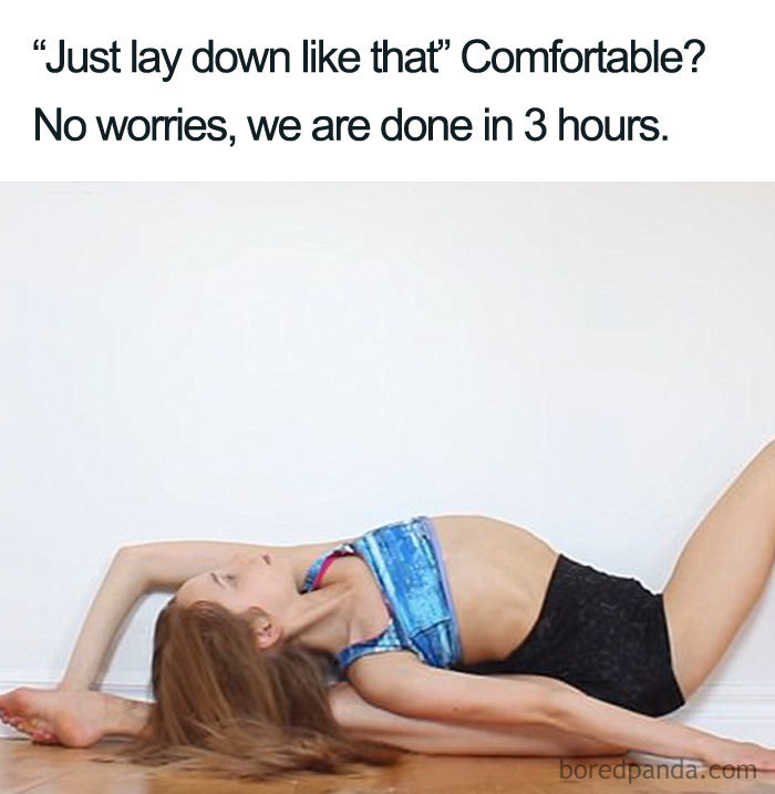 Woman in a challenging pose with humorous tattoo meme text about comfort and time inking takes.