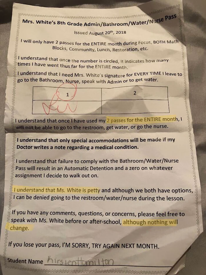 People Can't Believe The Shocking Note This Teacher Gave To A Kid After They Asked For A Permission To Go To The Bathroom People Can't Believe The Shocking Note This Teacher Gave To A Kid After They Asked For A Permission To Go To The Bathroom