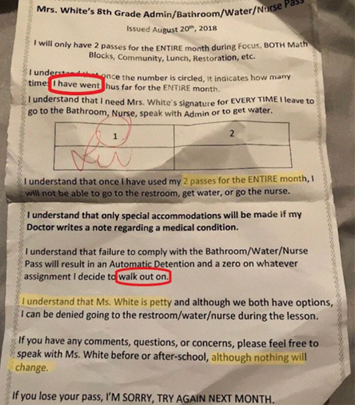 People Can't Believe The Shocking Note This Teacher Gave To A Kid After They Asked For A Permission To Go To The Bathroom