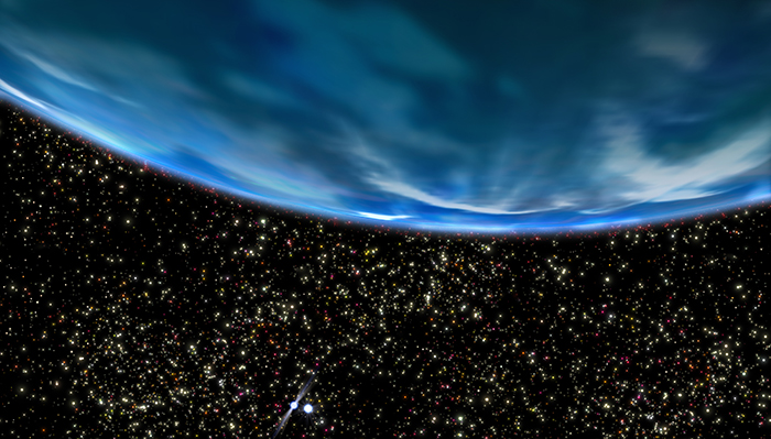 A strange planet with a blue atmosphere above a star-filled space background.