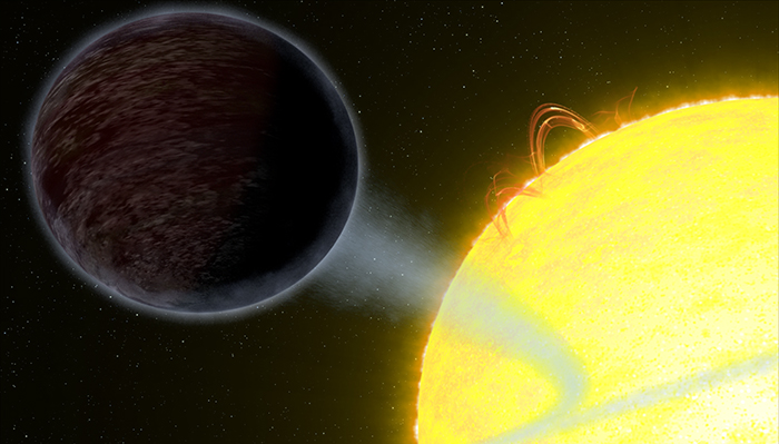 Strange planet shedding material as it orbits close to a bright star.
