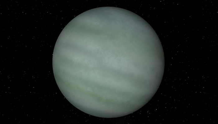 A strange green planet with a cloudy surface, set against a starry space backdrop.