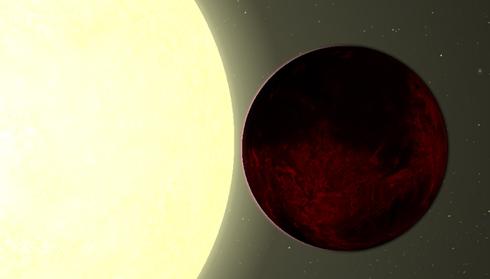 A strange planet with a dark, reddish surface orbits close to a bright star.
