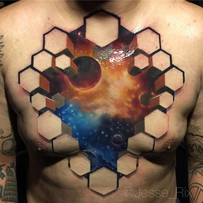 3D tattoo with geometric design and cosmic scene on a person's chest.