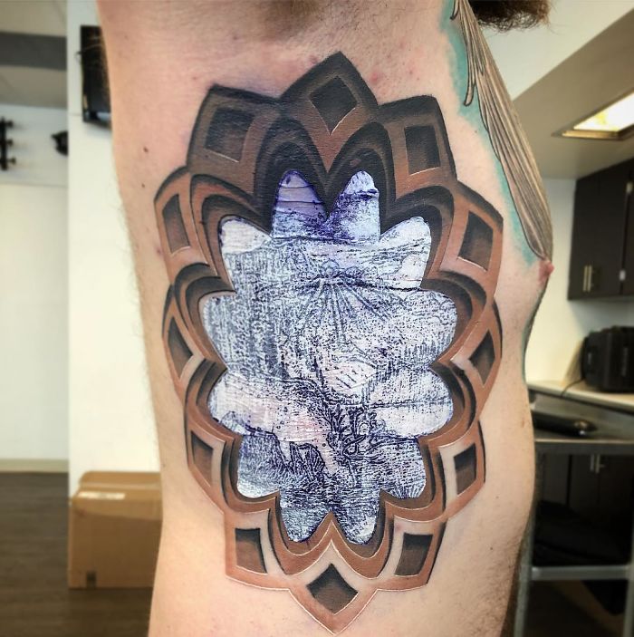 3D tattoo with intricate geometric design, creating a stunning optical illusion on skin, showcasing amazing artistry.