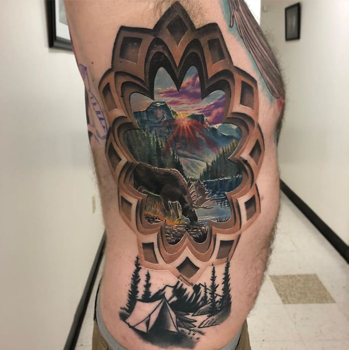 3D tattoo of a forest and moose on a person's side, featuring intricate details and realistic depth.