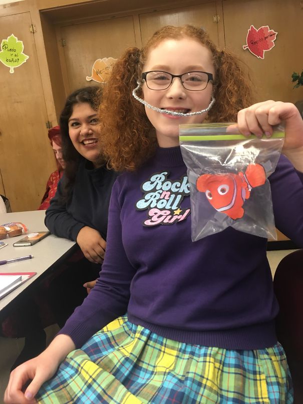 My Friend Had No Idea What She Wanted To Be For Halloween Yesterday. Today, When We Expected Her Costume-Less, She Walked Into Class Like This