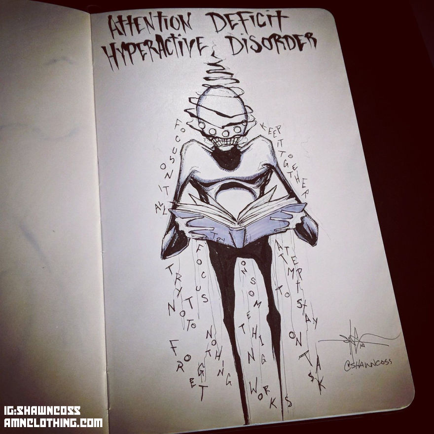Illustration of mental disorders, depicting Attention Deficit Hyperactive Disorder with a figure holding a book.