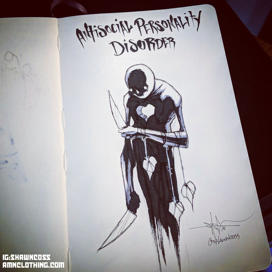 Illustration of Antisocial Personality Disorder depicting a dark figure in a sketchbook, fighting stigma around mental illness.