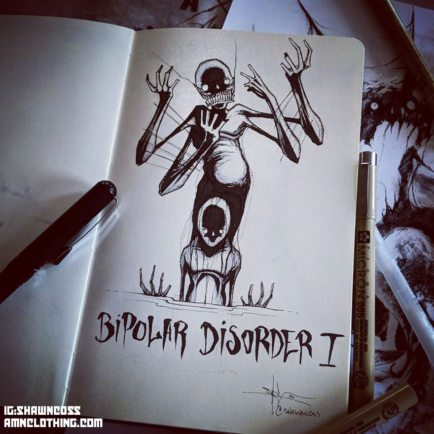 Illustration of mental illness depicts a skeletal figure labeled "Bipolar Disorder I" on sketchbook with pens nearby.