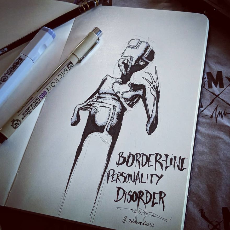 Illustration of Borderline Personality Disorder in a sketchbook with pens, highlighting mental illness stigma.