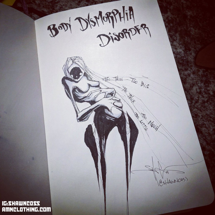 Illustration depicting body dysmorphia disorder, featuring a distorted, reflective figure with emphasized body image issues.