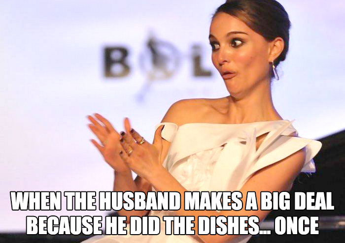 Woman sarcastically clapping in meme, humorously depicting a married life scenario with a husband doing dishes.