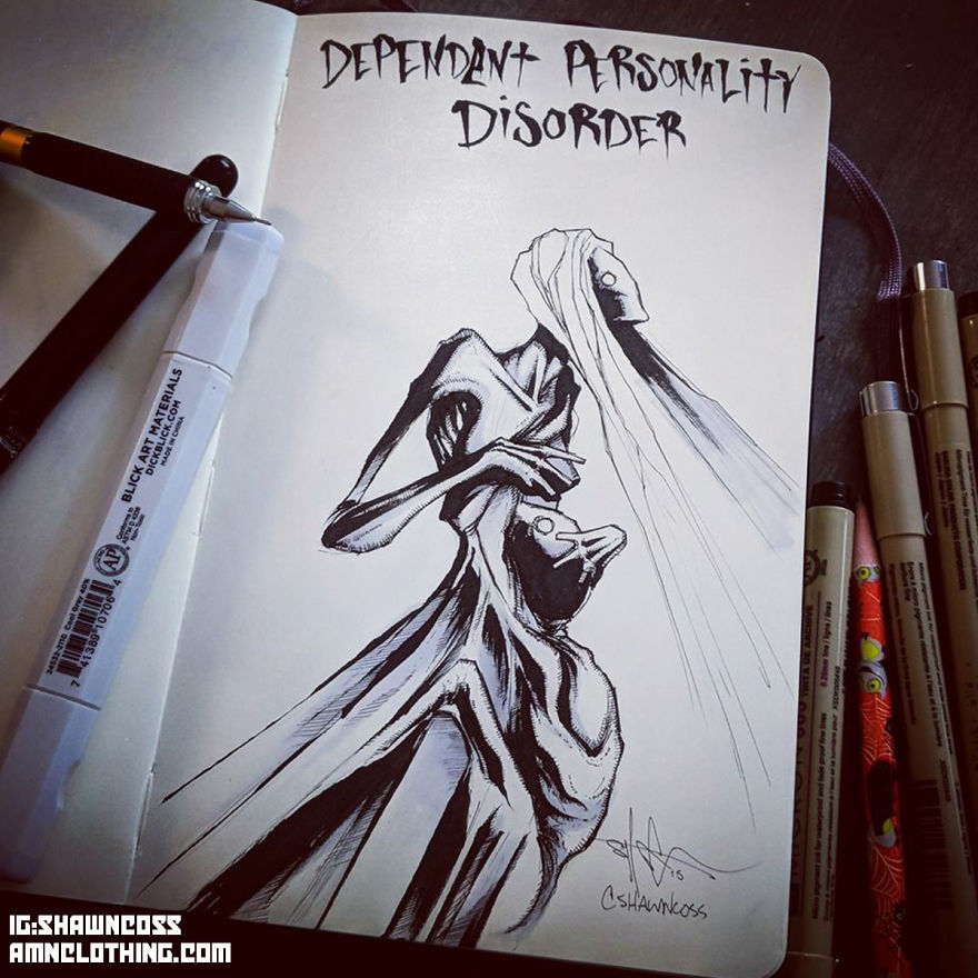 Illustrated depiction of Dependent Personality Disorder in a sketchbook, highlighting mental illness stigma reduction.