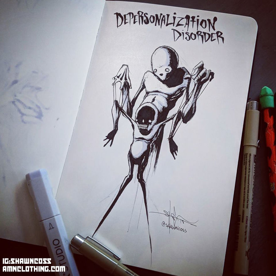 Illustration of depersonalization disorder, depicting a surreal creature with elongated limbs, aiming to fight mental illness stigma.