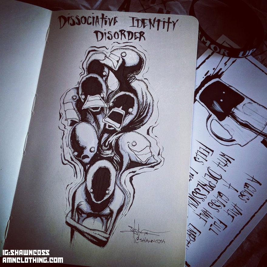 Illustration depicting dissociative identity disorder, expressing mental illness and challenging stigma through art.