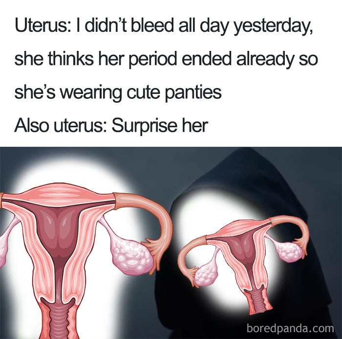 Funny uterus illustration with text about period surprise, highlighting "when she's on her period" meme humor.