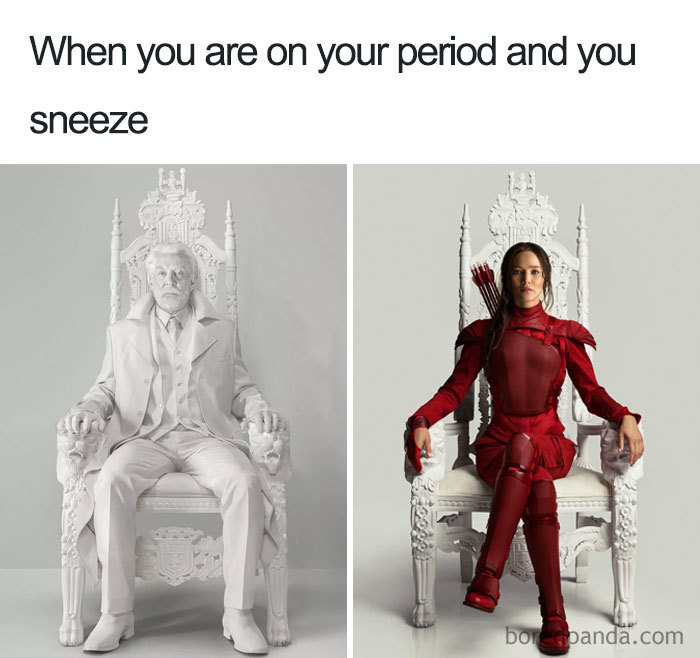 "Funny meme comparing the intensity of sneezing on your period with two contrasting figures on thrones."