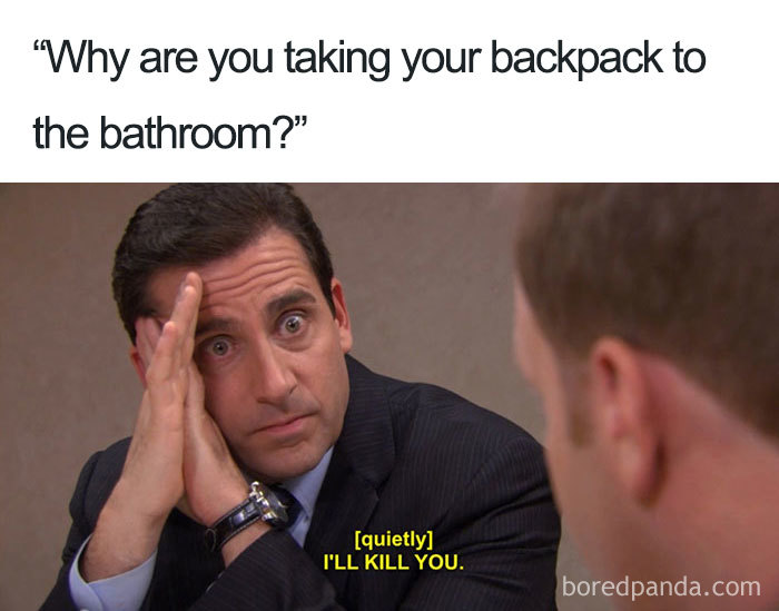 Man looking frustrated, captioned about backpack and bathroom, highlighting period meme humor.