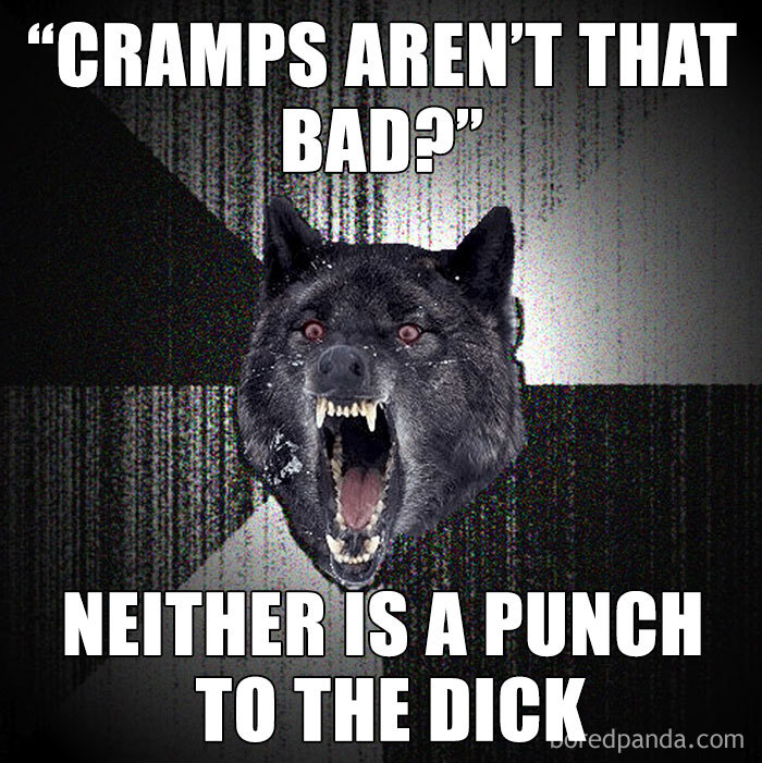 Aggressive wolf meme about period pain with a humorous retort.