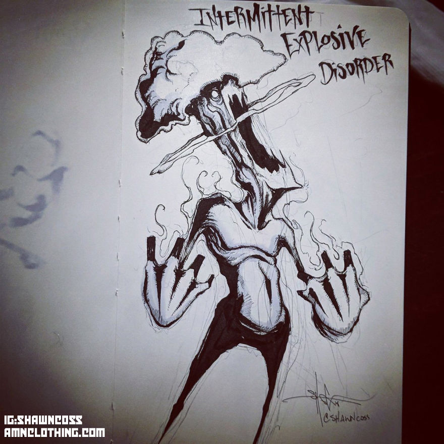 Illustration of Intermittent Explosive Disorder, depicting a figure with a cloud-like head and expressive hands.