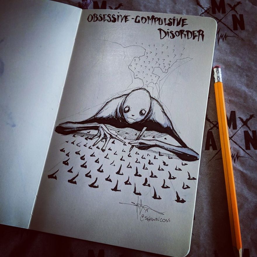 Illustration of obsessive-compulsive disorder in a notebook, featuring a creature drawing patterns, highlighting mental illness stigma.