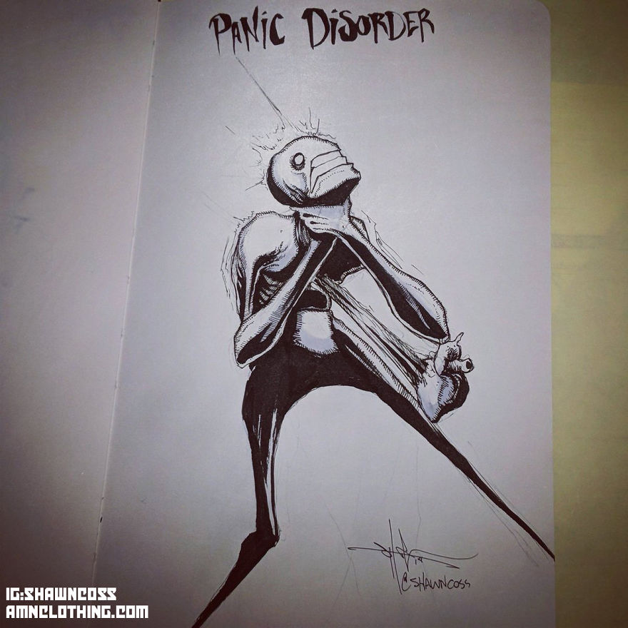 Illustration depicting panic disorder, with a figure clutching their head in distress, highlighting mental illness stigma.