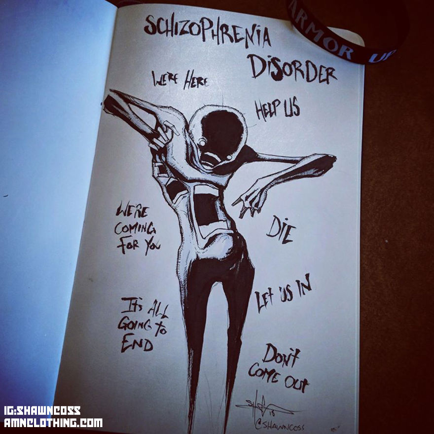 Illustration of mental illness showing a distorted figure with words representing schizophrenia disorder.