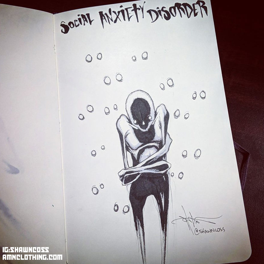 Illustration of social anxiety disorder, depicting a figure surrounded by eyes, conveying mental illness stigma.