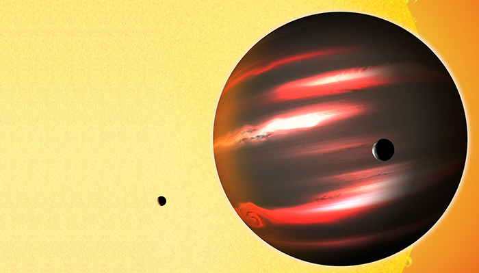 Strange planet with red and black bands, orbiting close to a bright star.