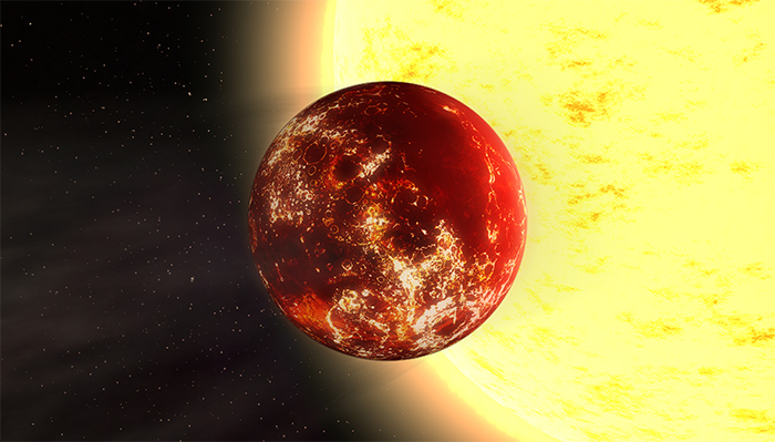 A strange planet with a fiery surface orbiting a bright yellow star in space.