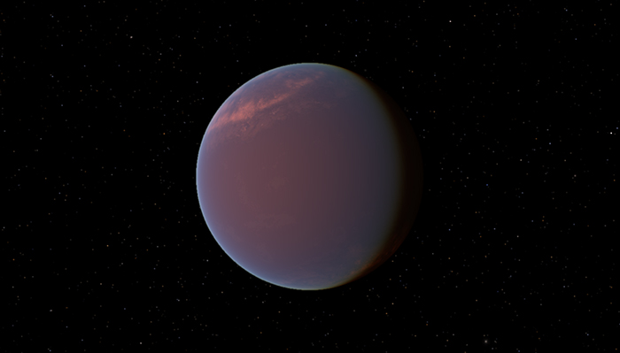 Strange planet with a reddish surface against a starry space background.