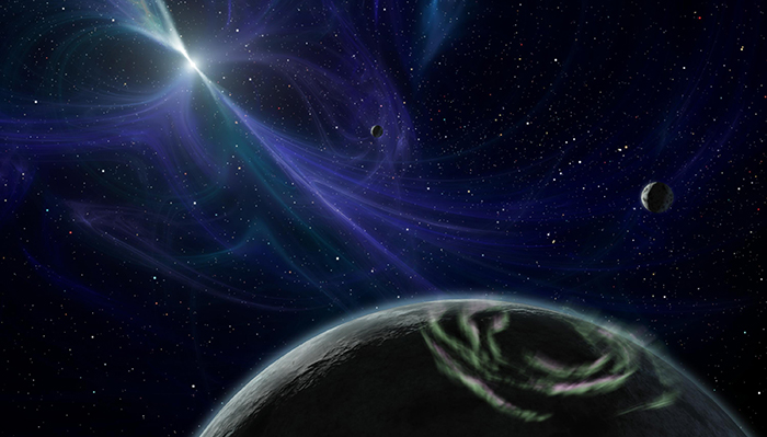 Strange planet with glowing auroras and distant pulsar in space.