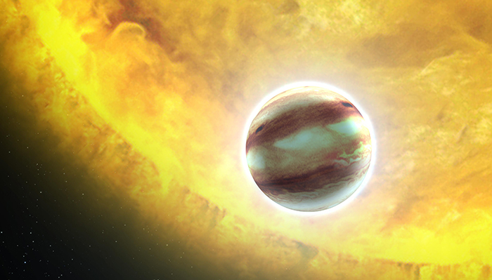 Strange planet surrounded by a bright, fiery atmosphere in space.